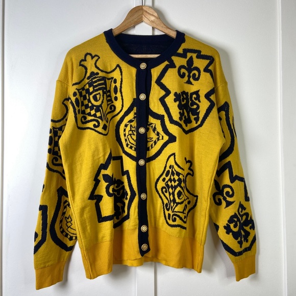 Sweaters - Vintage Virgin Wool Merino Extrafine Yellow Coat of Arms Cardigan - Size 14/16